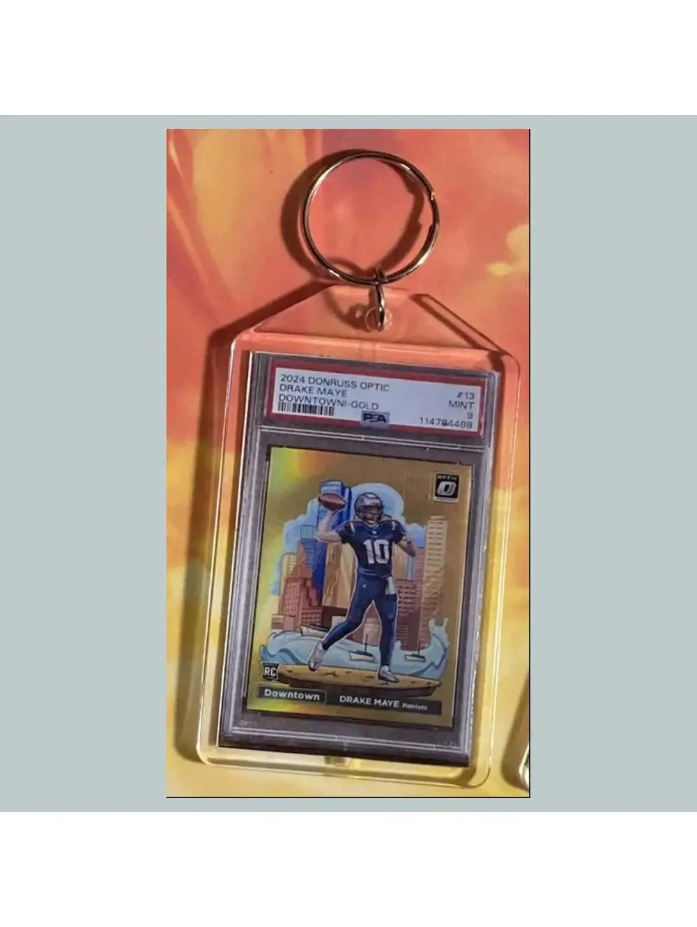 3715 Drake Maye 2024 Donruss Optic Gold Downtown Custom Hand Made Keychain